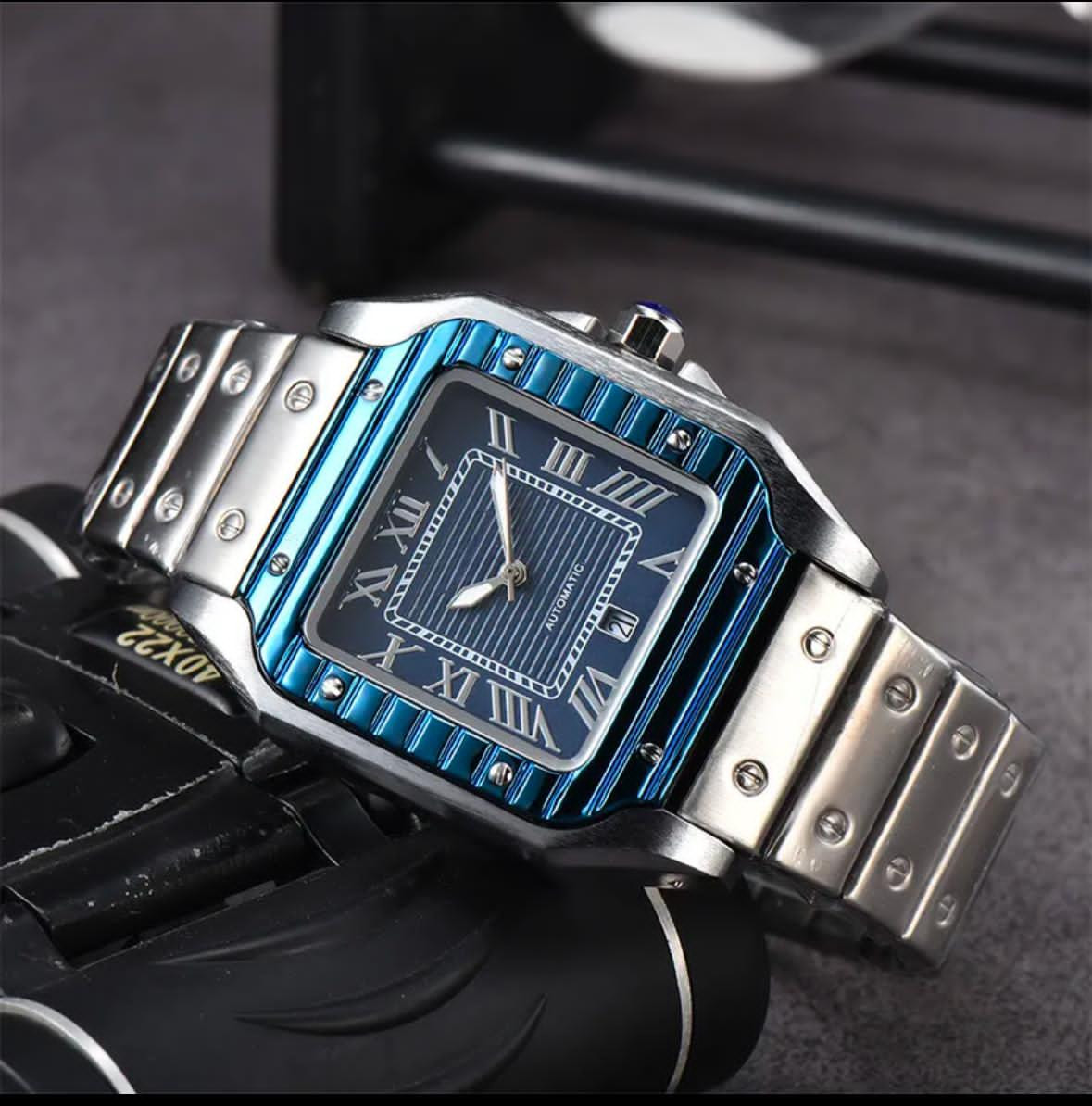 Cartier Santos Steel Blue Dial Mens Watch